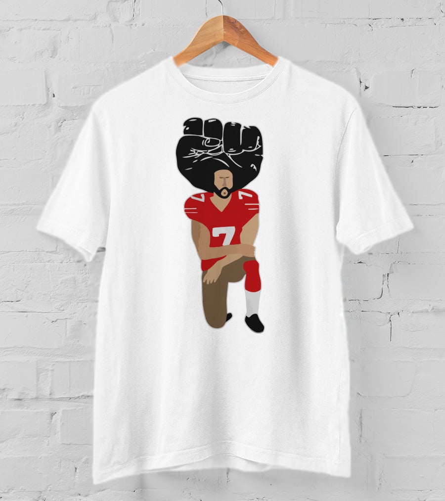 Colin Kaepernick Kneeling With Raised Fist And Red Football Jersey Number 7 T-Shirt