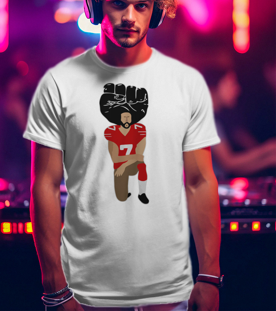 Colin Kaepernick Kneeling With Raised Fist And Red Football Jersey Number 7 T-Shirt