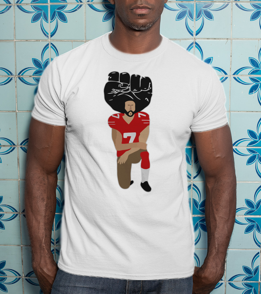 Colin Kaepernick Kneeling With Raised Fist And Red Football Jersey Number 7 T-Shirt