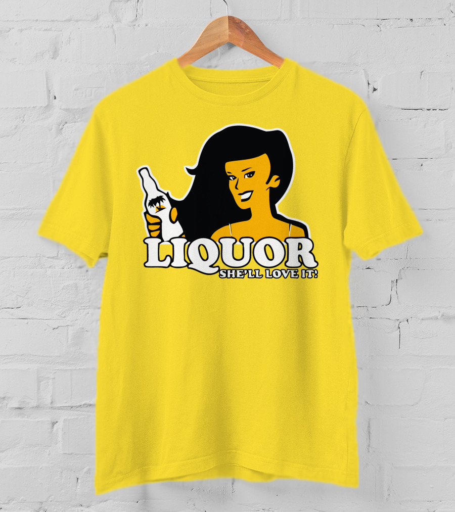 Liquor She'll Love It Retro Pin-Up Style Woman Holding Bottle T-Shirt