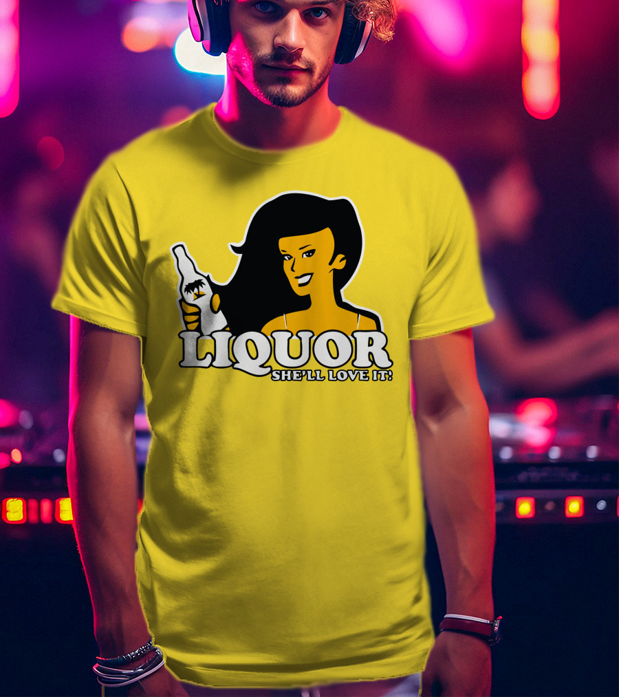 Liquor She'll Love It Retro Pin-Up Style Woman Holding Bottle T-Shirt
