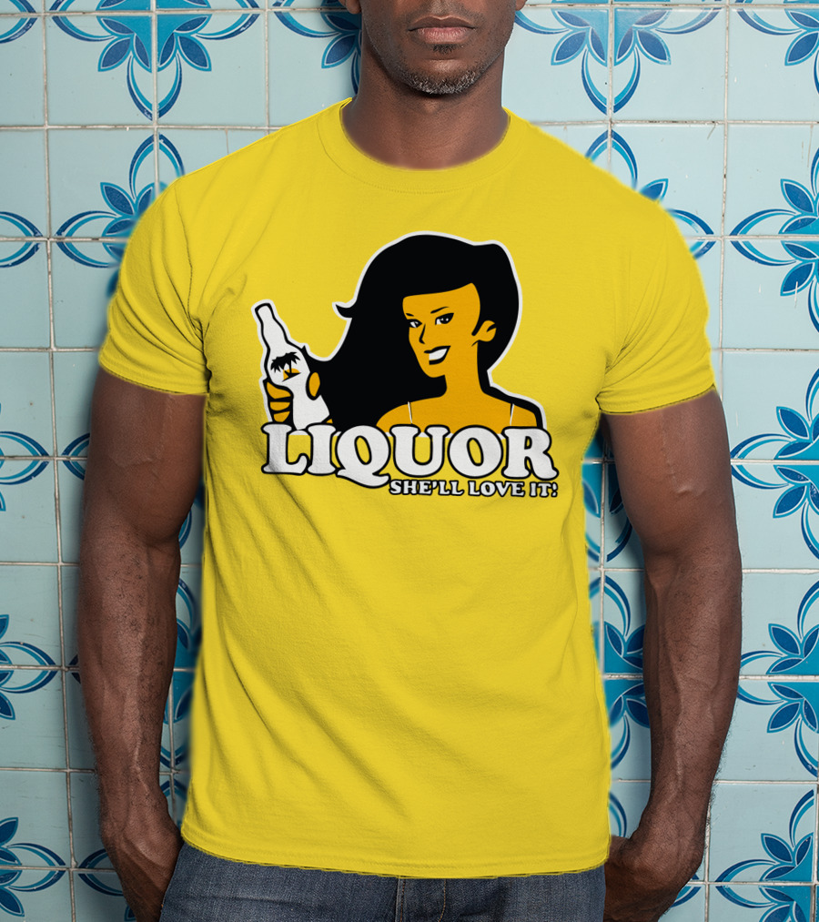 Liquor She'll Love It Retro Pin-Up Style Woman Holding Bottle T-Shirt