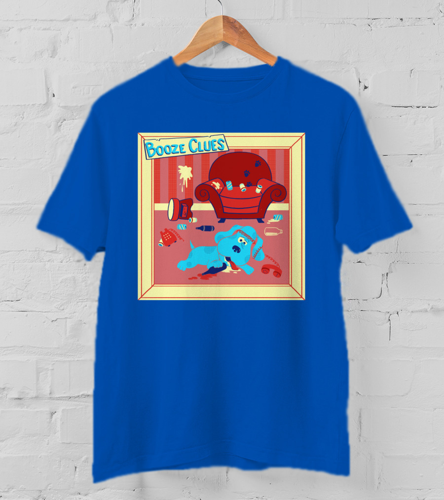 Booze Clues Blue Dog Party Mess With Cans And Couch T-Shirt