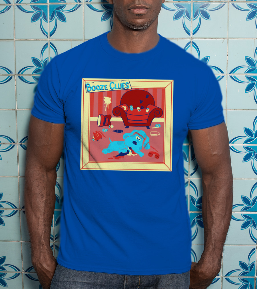 Booze Clues Blue Dog Party Mess With Cans And Couch T-Shirt