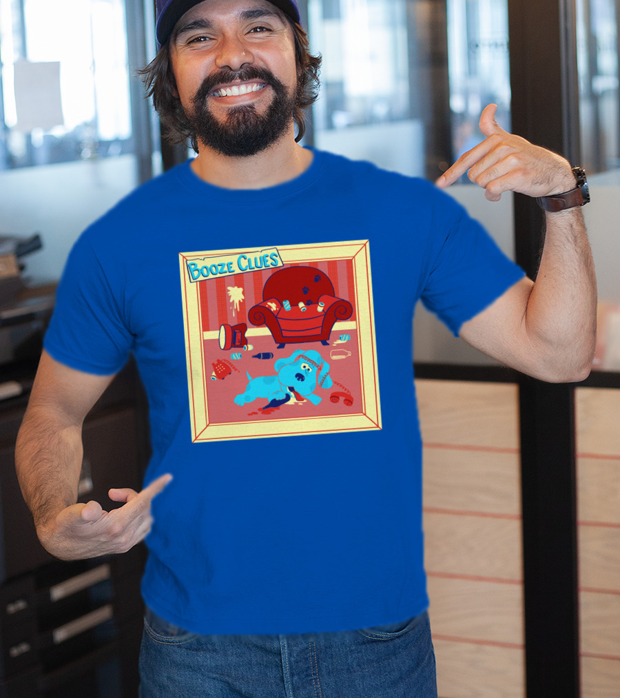 Booze Clues Blue Dog Party Mess With Cans And Couch T-Shirt