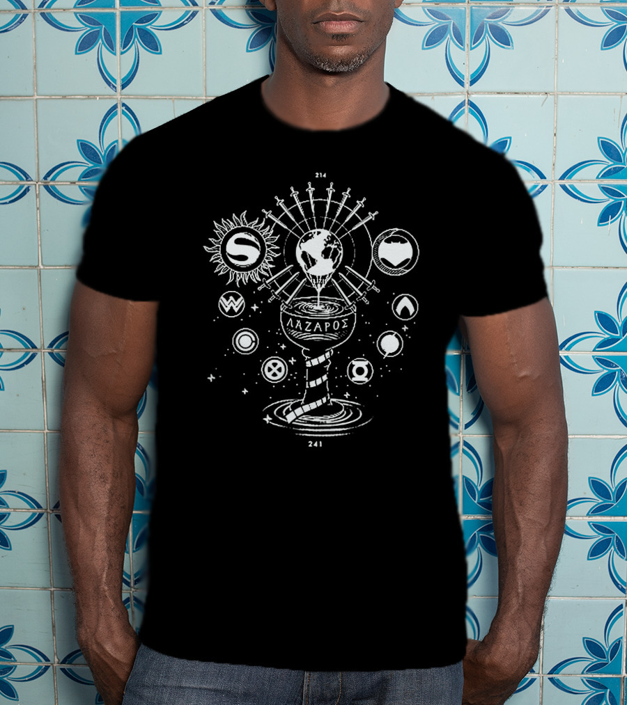Justice League Symbols With Ancient Lazaros World Imagery And Iconic Logos 214 241 T-Shirt