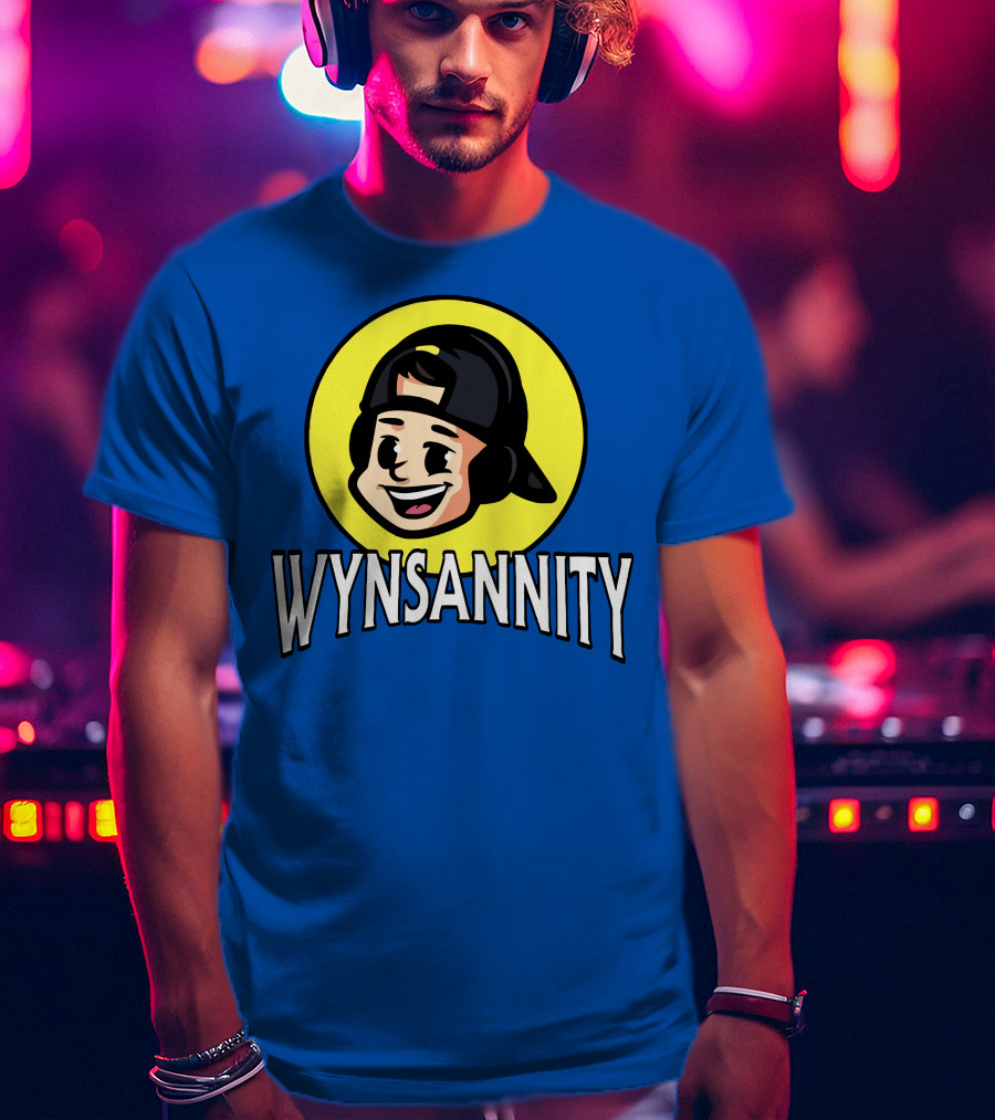 Wynnsanity Cartoon Character With Headphones And Backwards Cap Icon In Yellow Circle T-Shirt