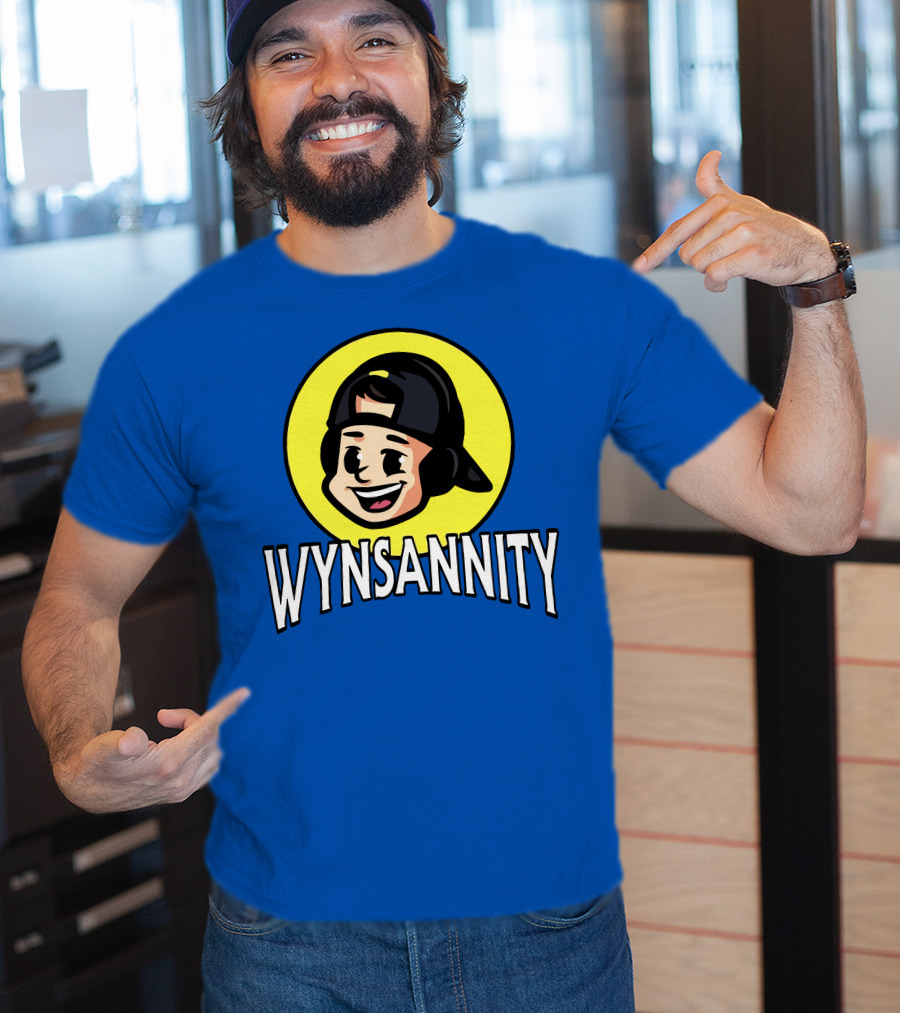 Wynnsanity Cartoon Character With Headphones And Backwards Cap Icon In Yellow Circle T-Shirt