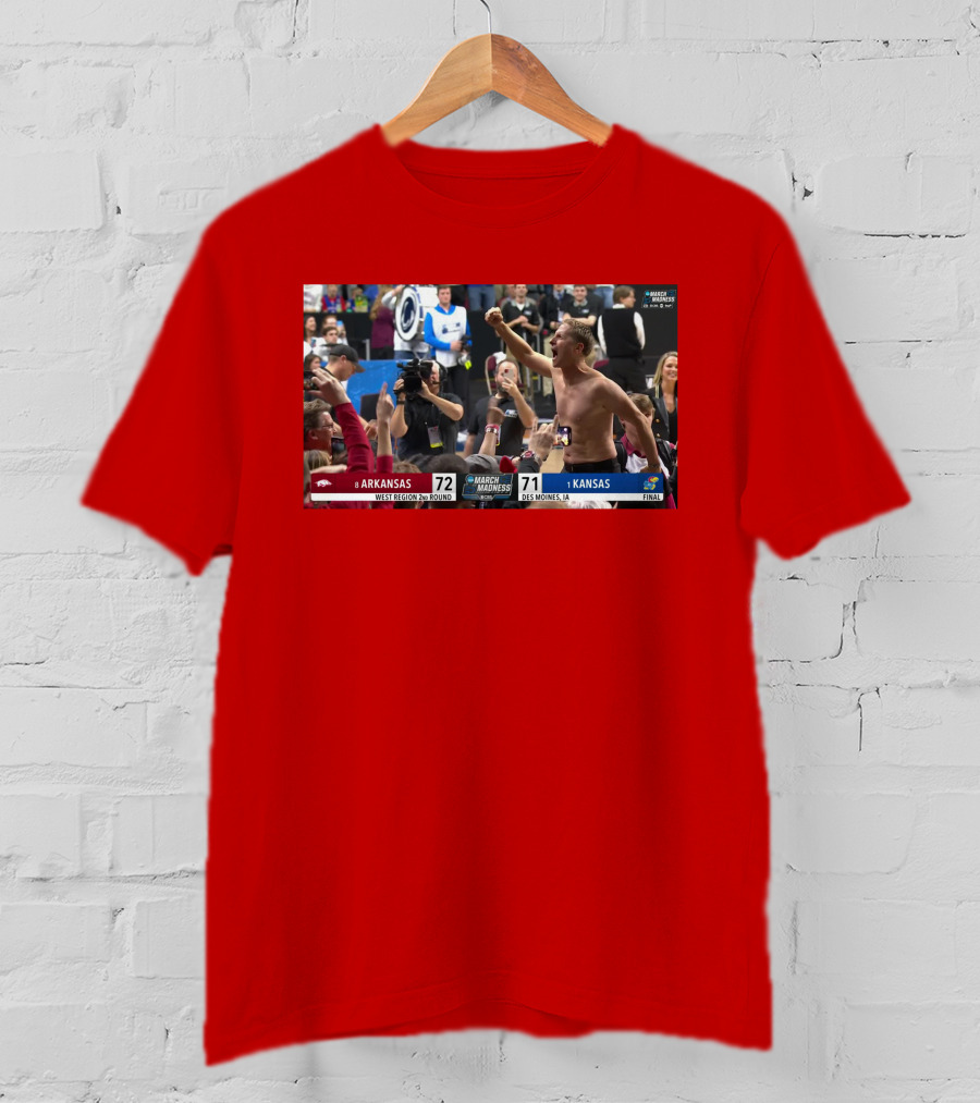 Eric Musselman Celebrates Arkansas 72-71 Victory Over Kansas In March Madness T-Shirt