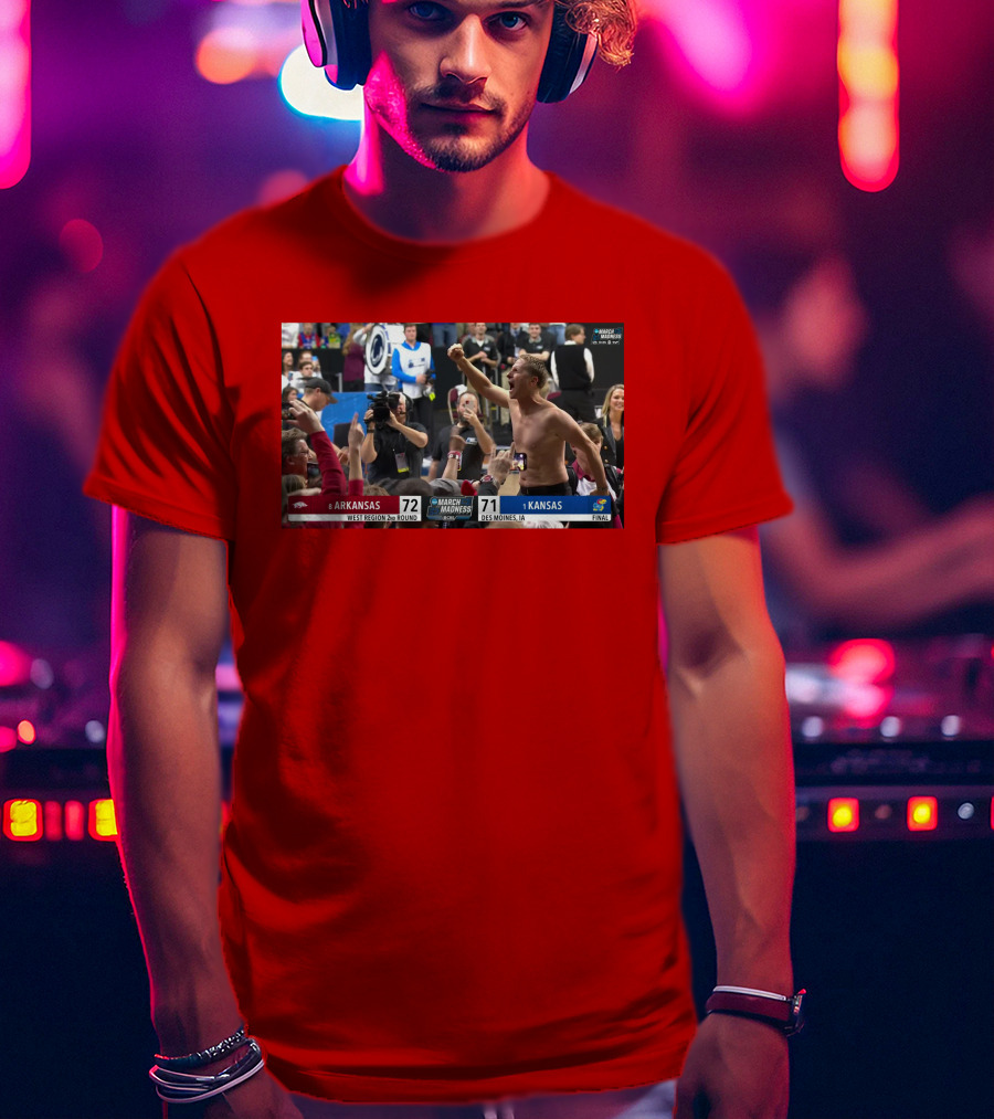 Eric Musselman Celebrates Arkansas 72-71 Victory Over Kansas In March Madness T-Shirt