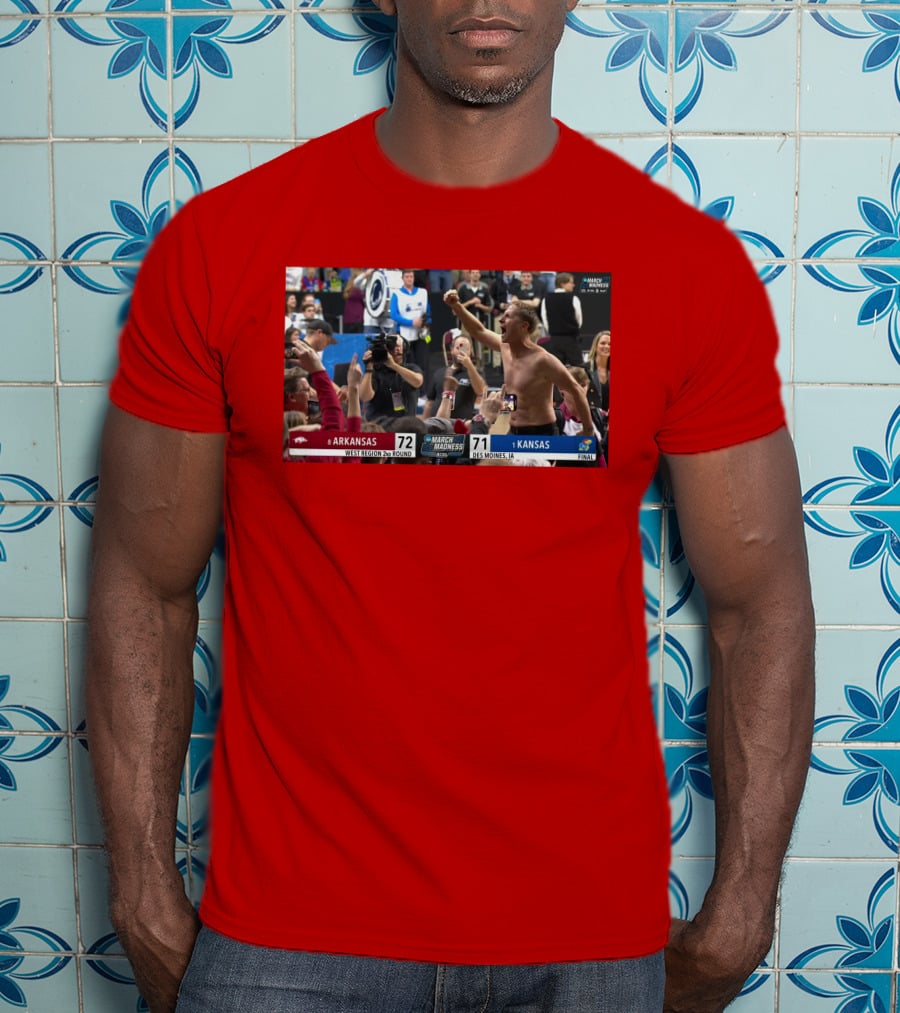Eric Musselman Celebrates Arkansas 72-71 Victory Over Kansas In March Madness T-Shirt