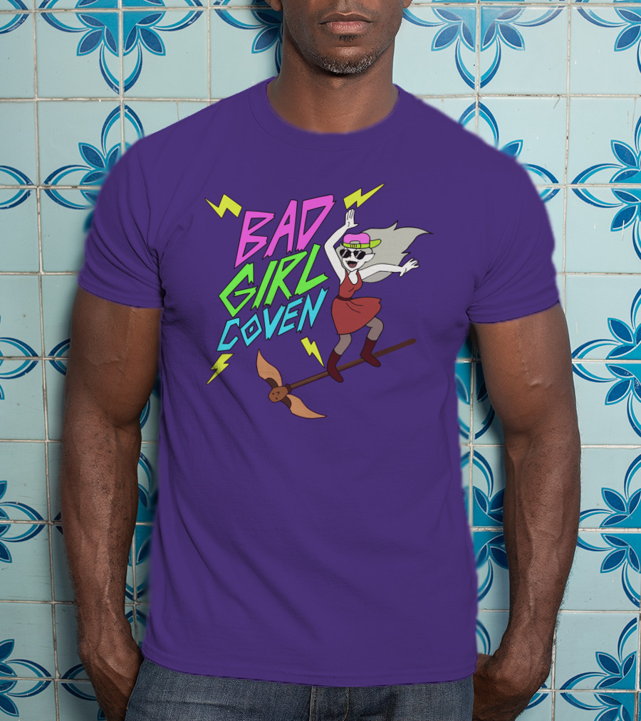 Bad Girl Coven Witch On Broomstick With Lightning Bolts T-Shirt