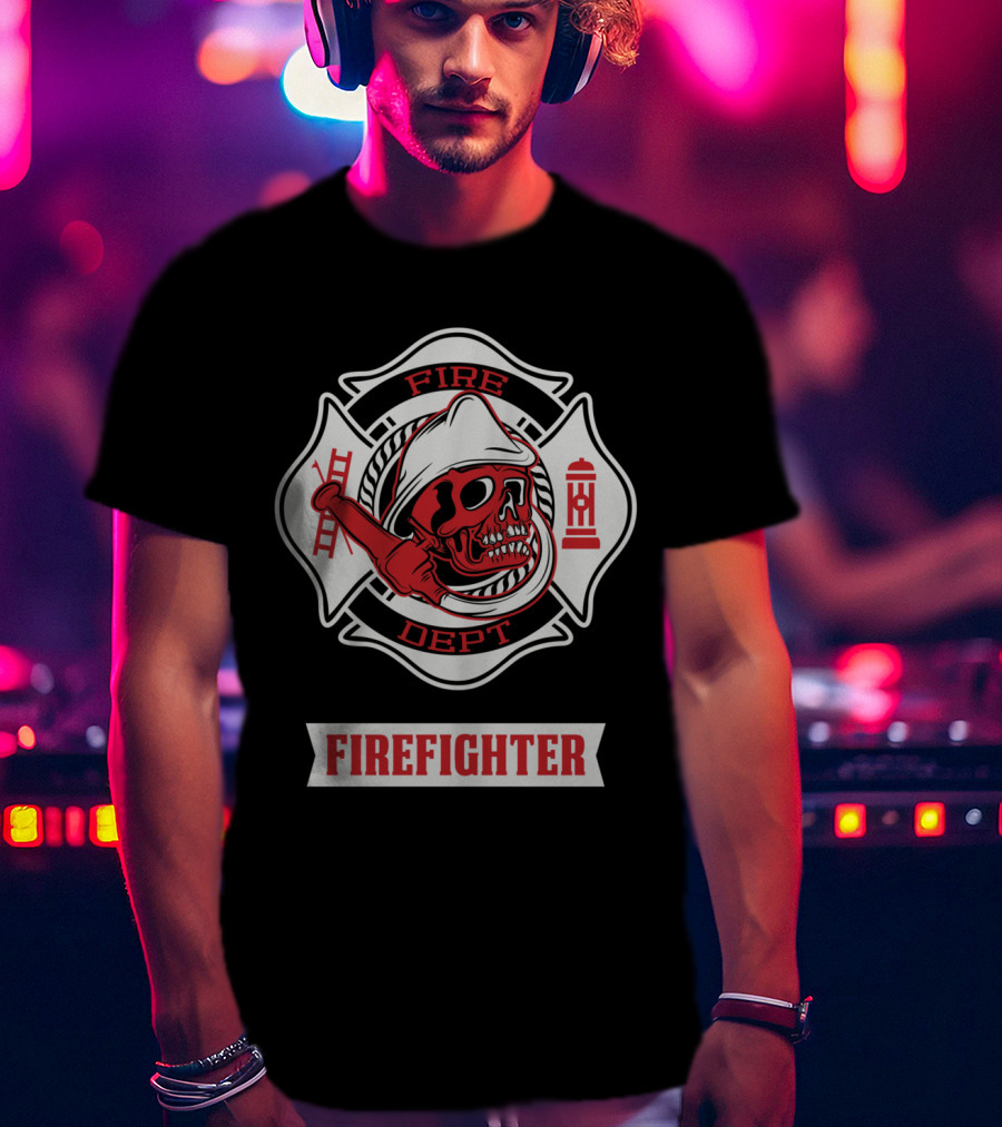 Firefighter Skull Fire Dept Maltese Cross T-Shirt