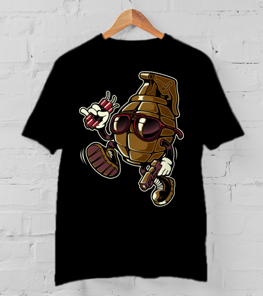 Grenade Sunglasses Walking Character With Dynamite And Gun T-Shirt