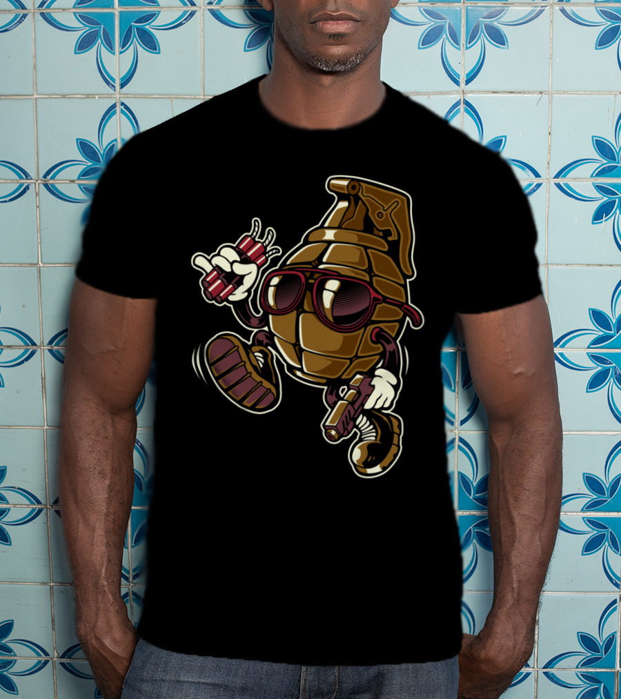 Grenade Sunglasses Walking Character With Dynamite And Gun T-Shirt