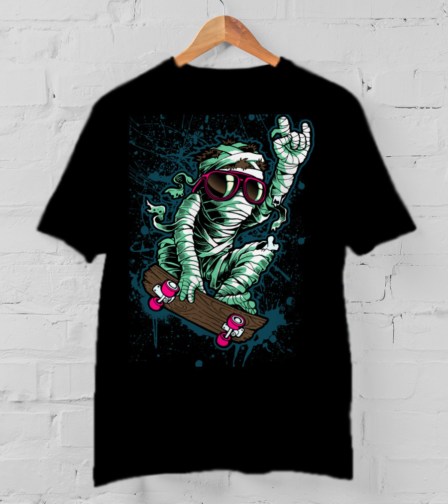 Return Mummy Skateboarding With Sunglasses Rock Hand Gesture T-Shirt