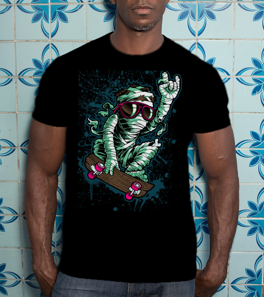 Return Mummy Skateboarding With Sunglasses Rock Hand Gesture T-Shirt