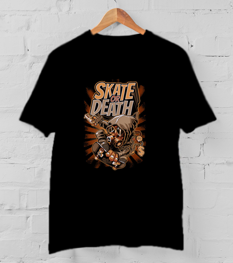 SKATE OR DEATH Graffiti-Style Gas Mask Skeleton Holding Cash And Gun On Skateboard T-Shirt