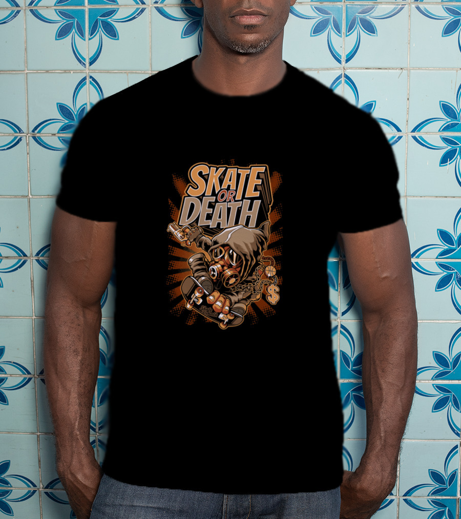 SKATE OR DEATH Graffiti-Style Gas Mask Skeleton Holding Cash And Gun On Skateboard T-Shirt