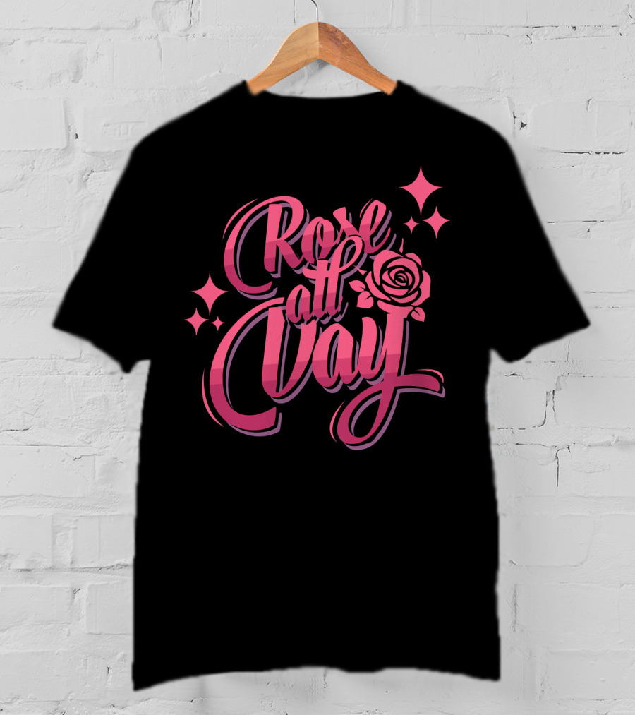 Rose All Day With Stylized Pink Rose And Stars T-Shirt