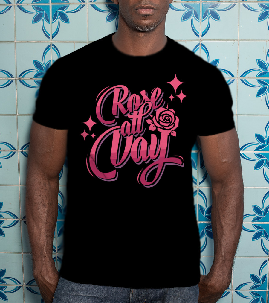 Rose All Day With Stylized Pink Rose And Stars T-Shirt