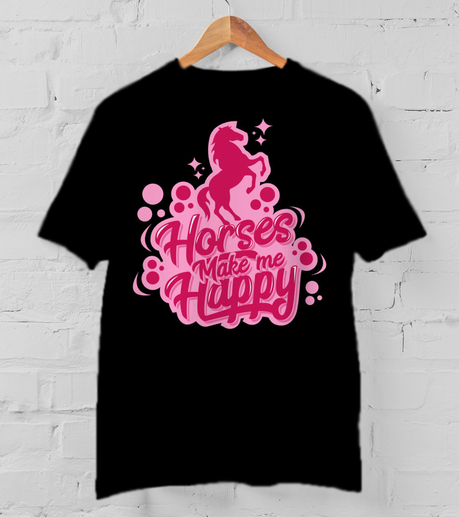 Horses Make Me Happy Pink Horse Silhouette With Stars And Circles T-Shirt