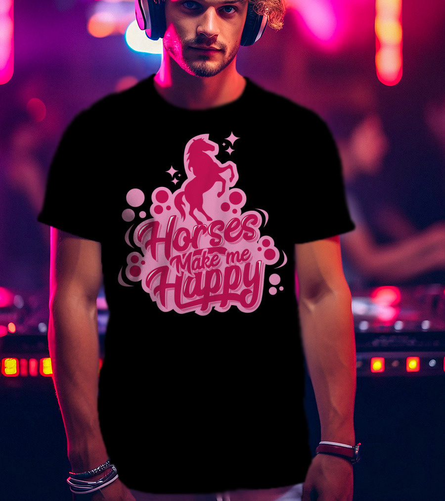 Horses Make Me Happy Pink Horse Silhouette With Stars And Circles T-Shirt