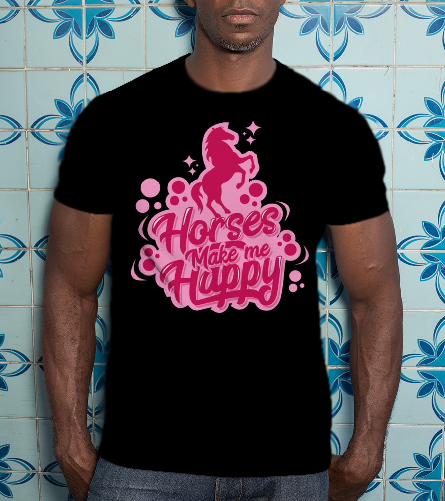 Horses Make Me Happy Pink Horse Silhouette With Stars And Circles T-Shirt