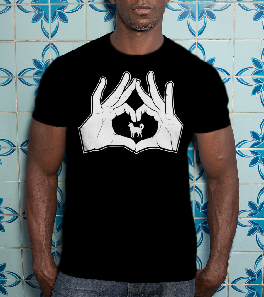 Alaskan Clover Kai Hands Heart Sign Dog Inside Hand Heart Gesture T-Shirt