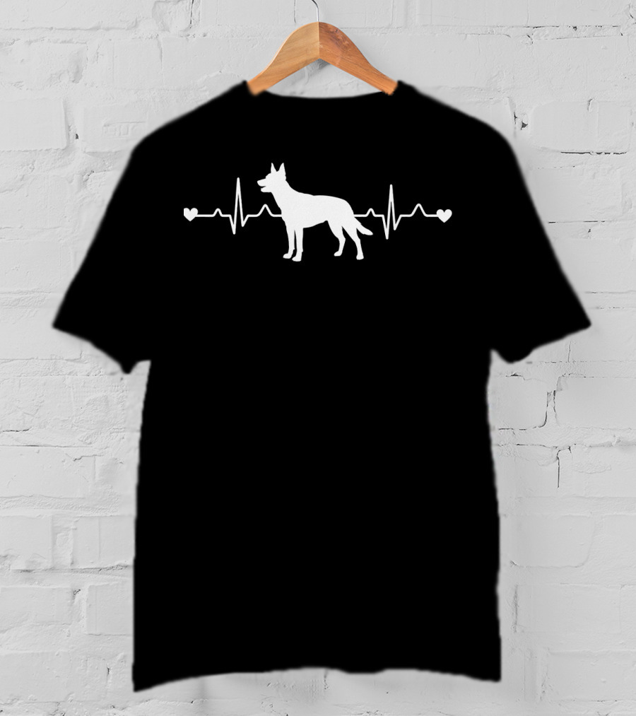 Australian Kelpie Silhouette With Heartbeat Pulse ECG And Love Hearts T-Shirt