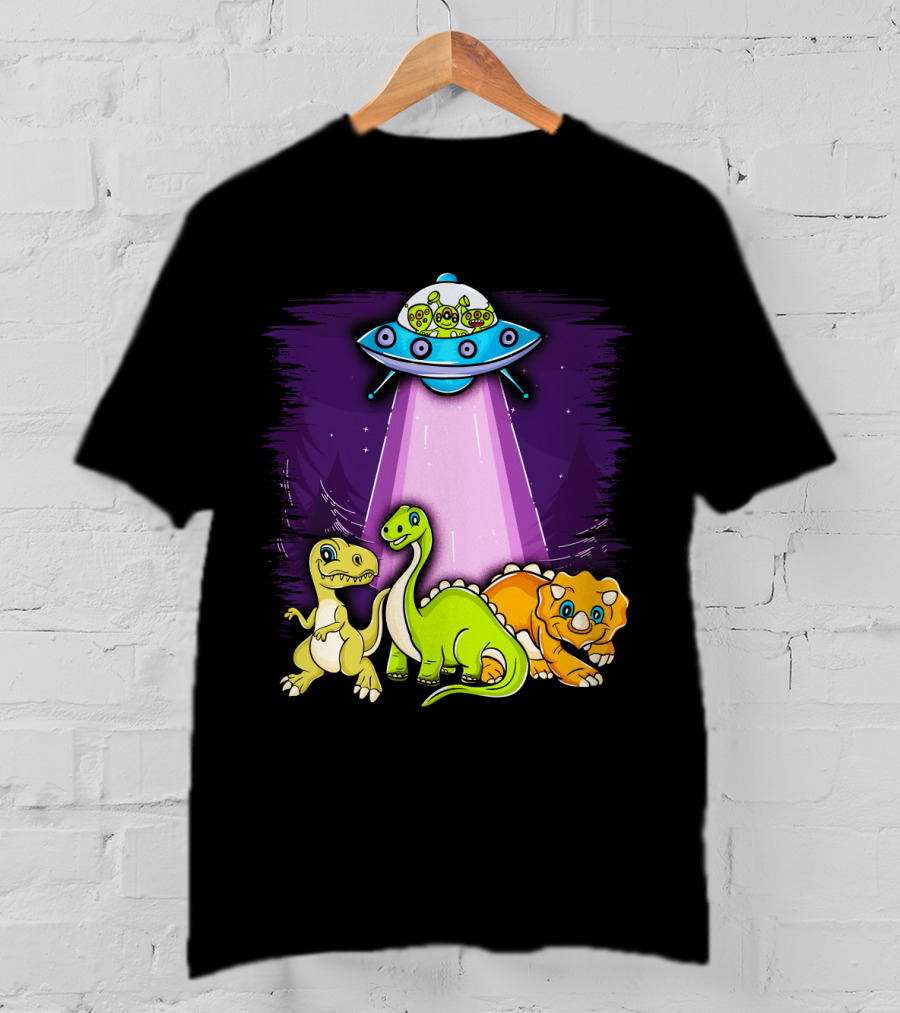 Dinosaur Alien Abduction Dinosaur Extinction Conspiracy UFO Cartoon T-Shirt