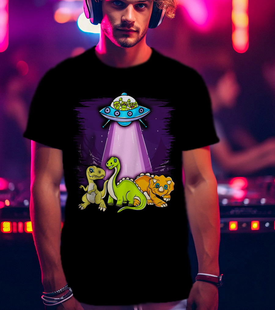 Dinosaur Alien Abduction Dinosaur Extinction Conspiracy UFO Cartoon T-Shirt