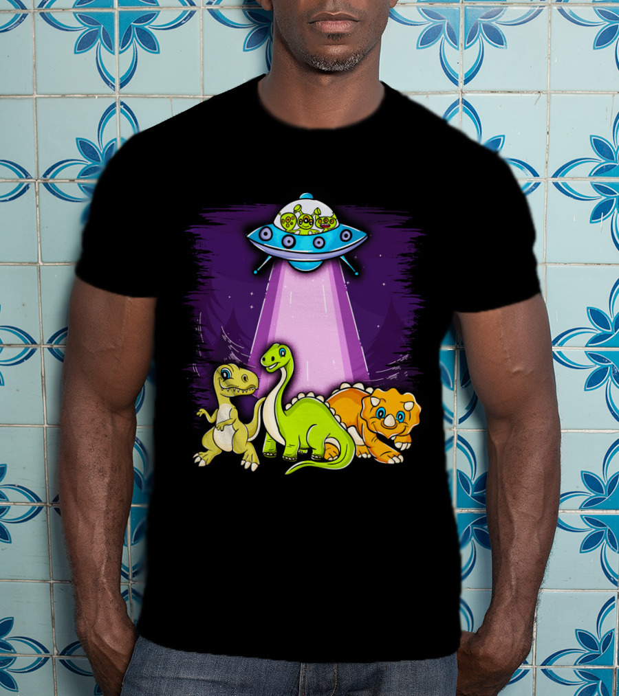 Dinosaur Alien Abduction Dinosaur Extinction Conspiracy UFO Cartoon T-Shirt