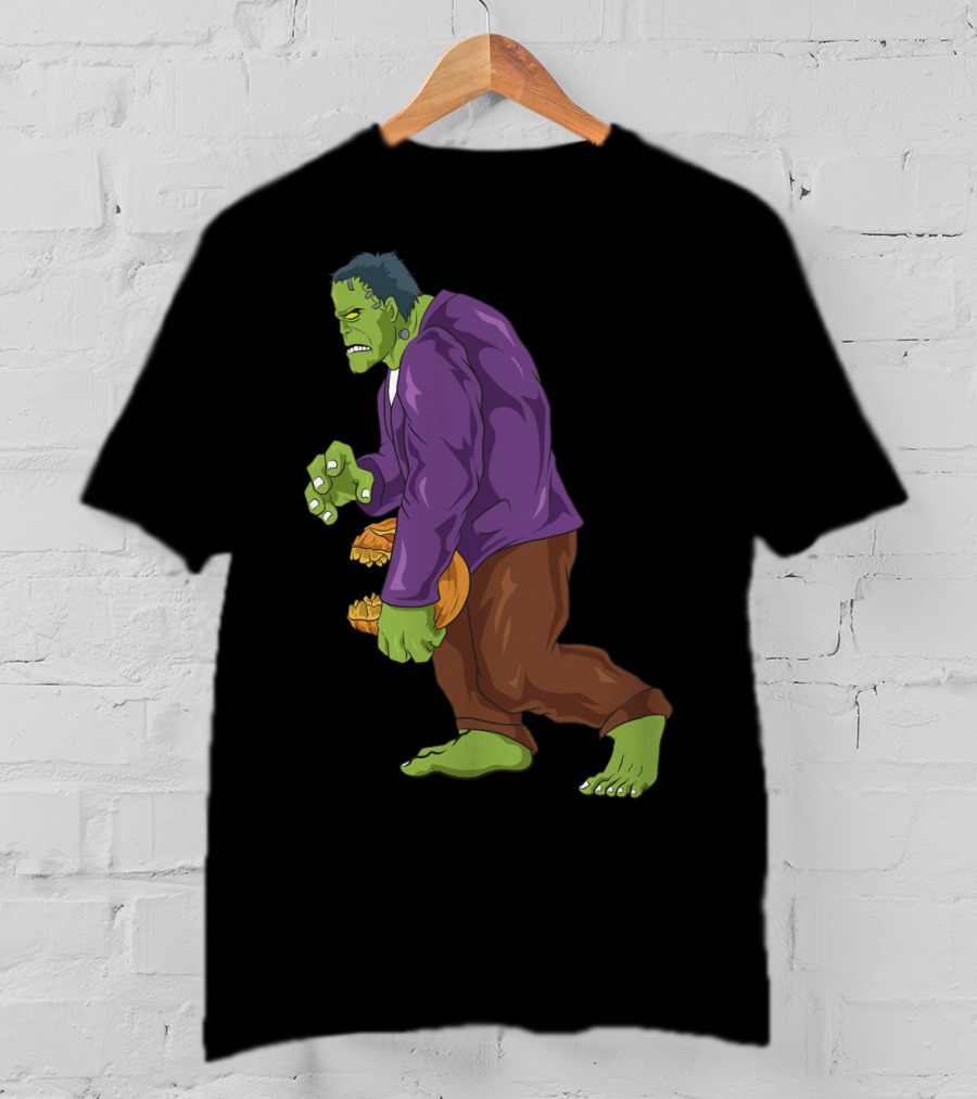 Frankenstein Bigfoot Carrying Pumpkin Funny Halloween Monster Zombie T-Shirt
