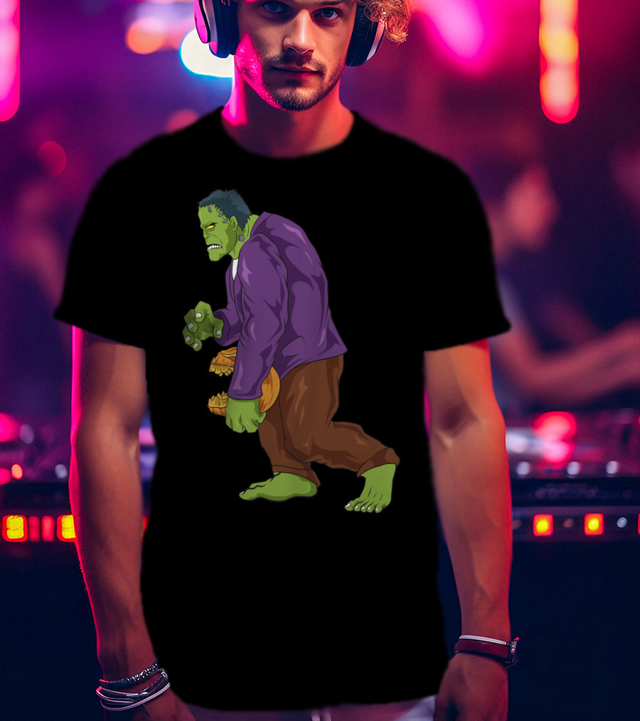 Frankenstein Bigfoot Carrying Pumpkin Funny Halloween Monster Zombie T-Shirt