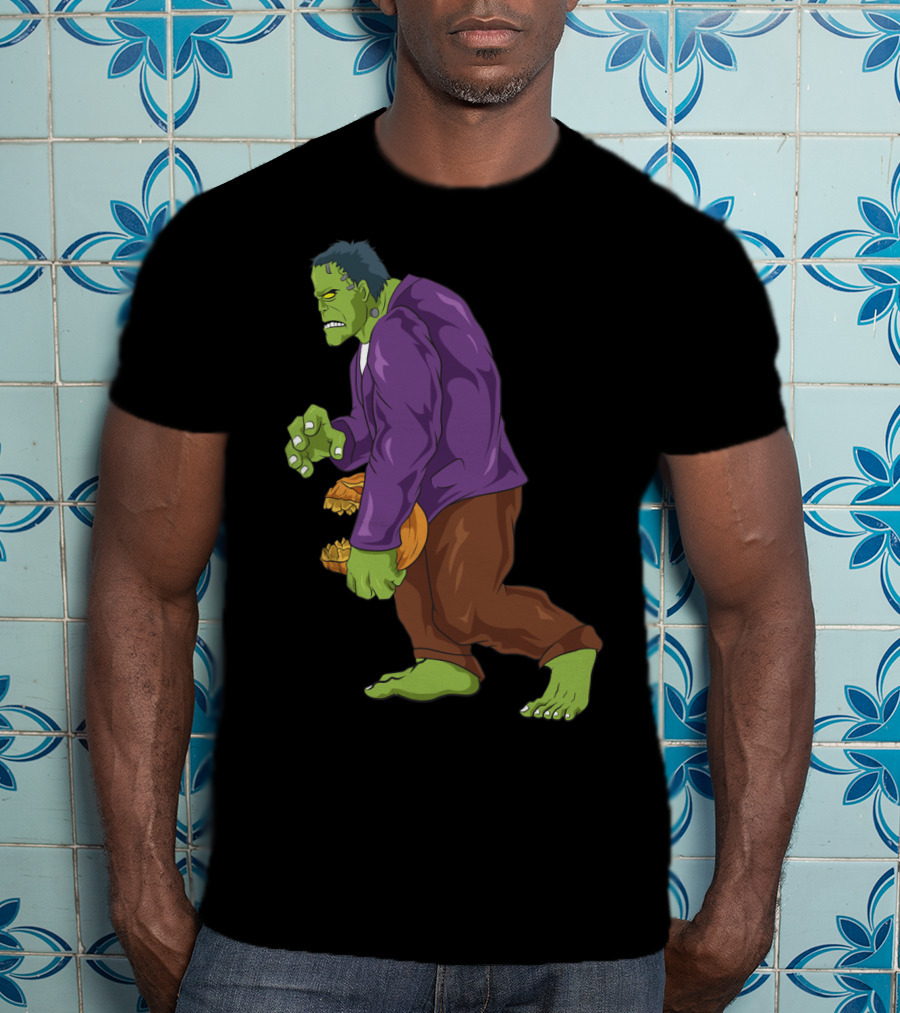 Frankenstein Bigfoot Carrying Pumpkin Funny Halloween Monster Zombie T-Shirt