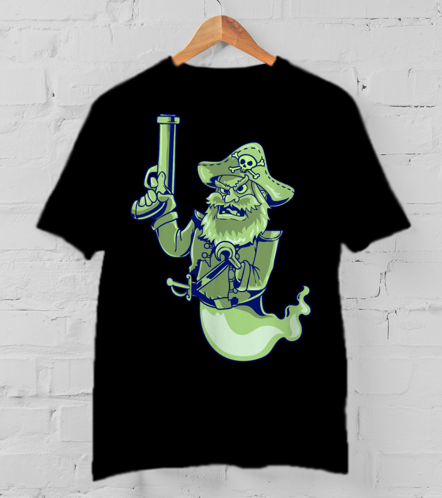 Ghost Pirate Jolly Roger Skull With Sword And Gun Spooky Specter T-Shirt