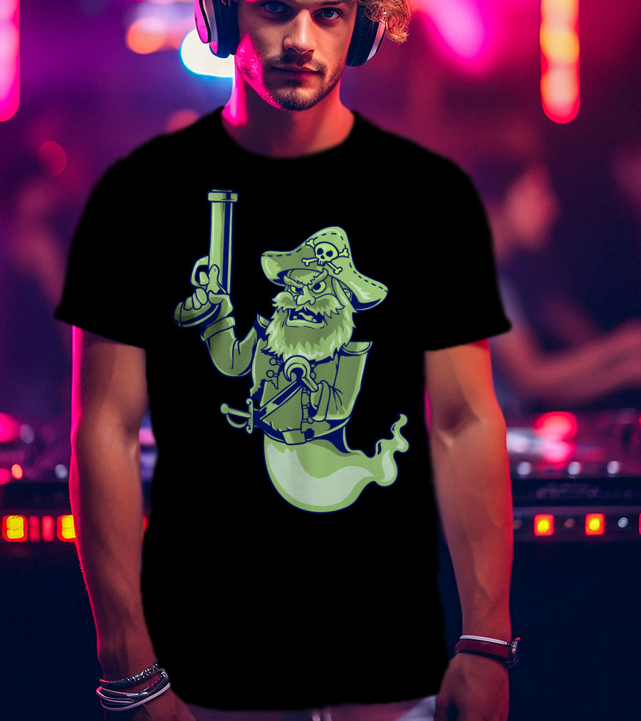 Ghost Pirate Jolly Roger Skull With Sword And Gun Spooky Specter T-Shirt
