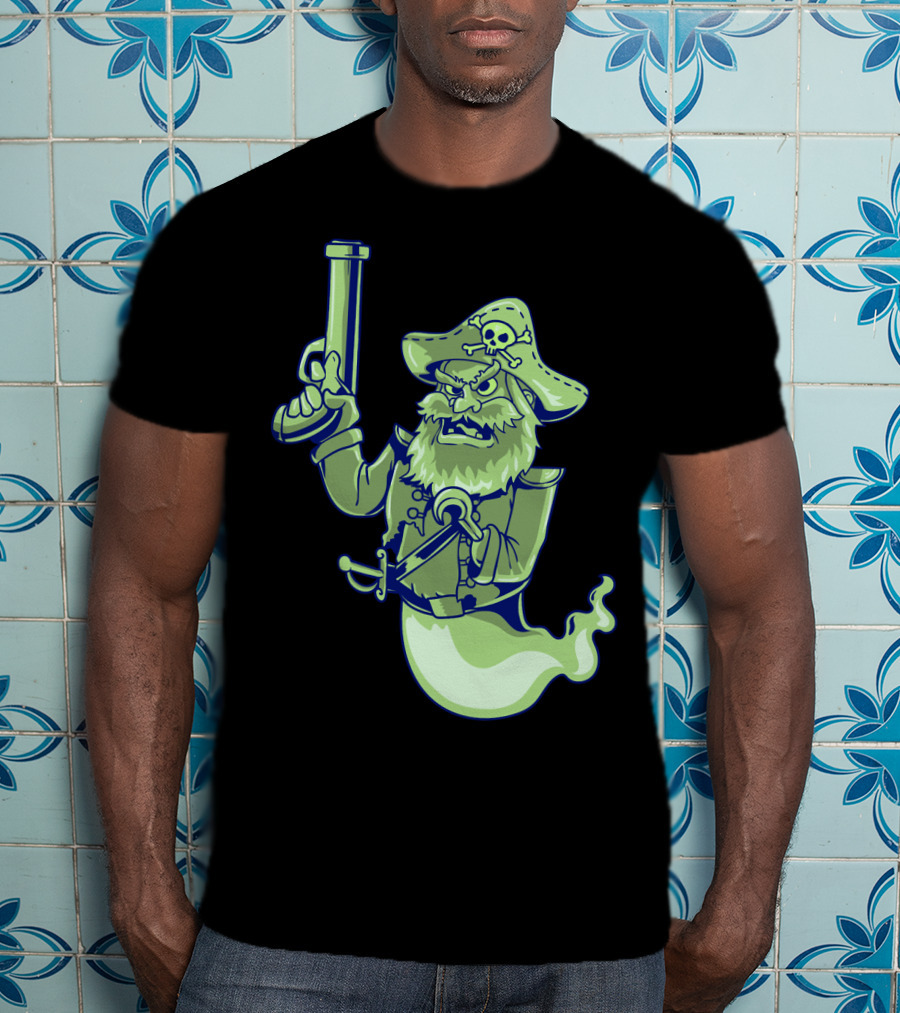 Ghost Pirate Jolly Roger Skull With Sword And Gun Spooky Specter T-Shirt