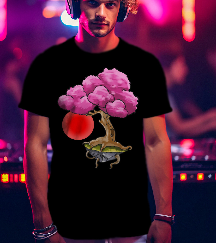 Floating Japanese Cherry Blossom Sakura Tree With Red Sun Sphere T-Shirt