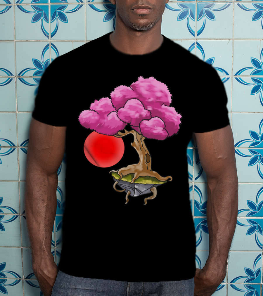 Floating Japanese Cherry Blossom Sakura Tree With Red Sun Sphere T-Shirt