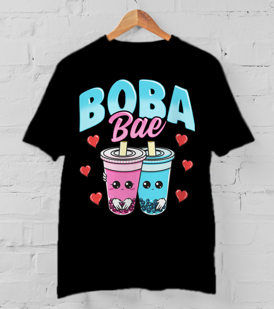 Kawaii Boba Bae Cute Bubble Tea Characters With Hearts T-Shirt