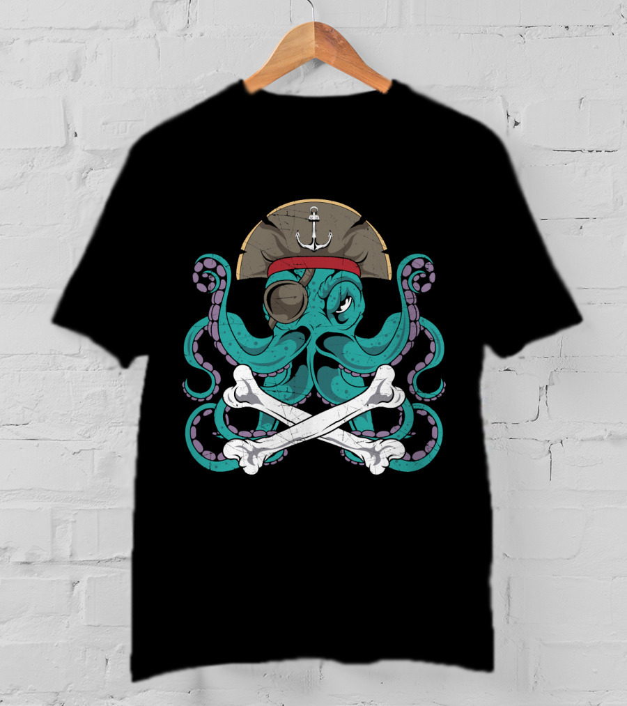Octopus Pirate Jolly Roger Crossbones Anchor Hat Tentacles T-Shirt