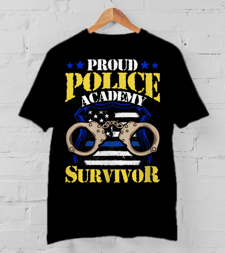 Proud Police Academy Survivor Stars Badge Handcuffs American Flag T-Shirt