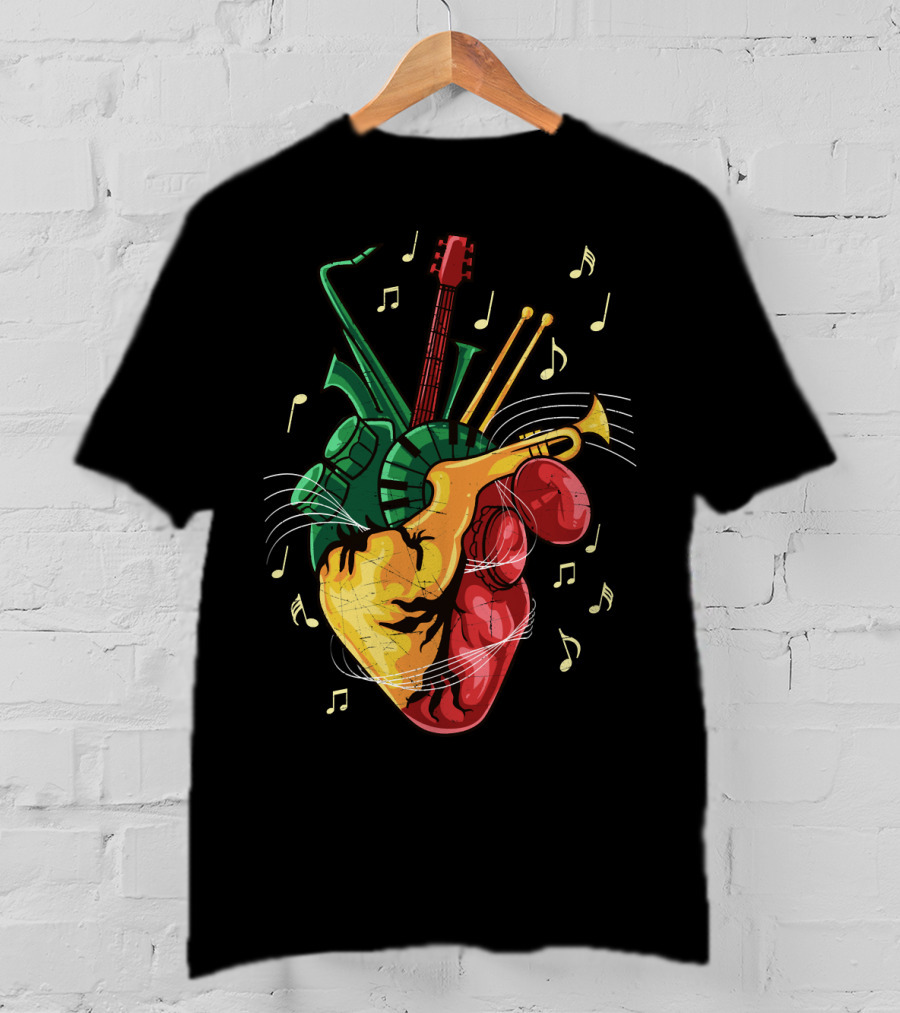Reggae Lover Jamaican Heart Music Rastafari Instrument Fusion T-Shirt