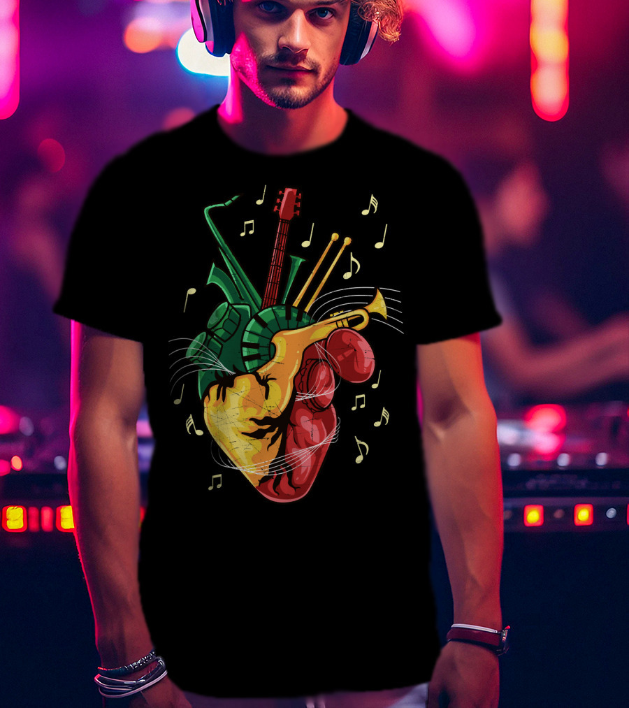 Reggae Lover Jamaican Heart Music Rastafari Instrument Fusion T-Shirt