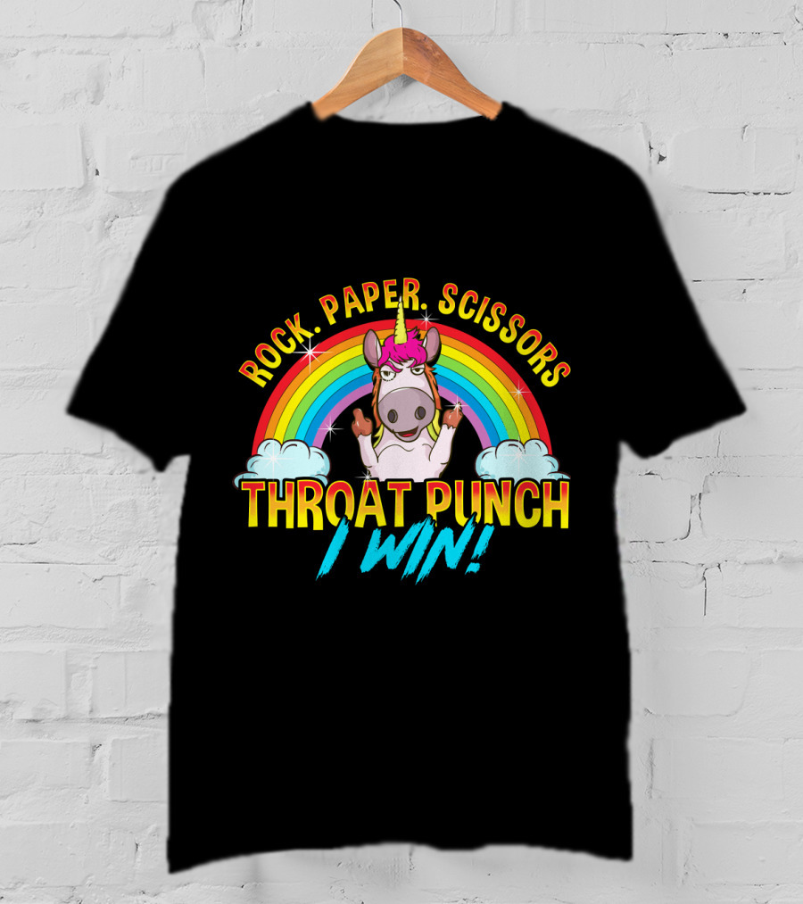 Rock Paper Scissors Throat Punch I Win Unicorn Rainbow T-Shirt
