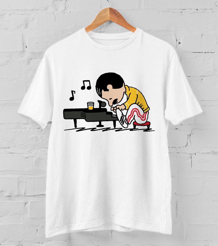 Freddie Mercury Peanuts Style Piano Playing Music Notes T-Shirt