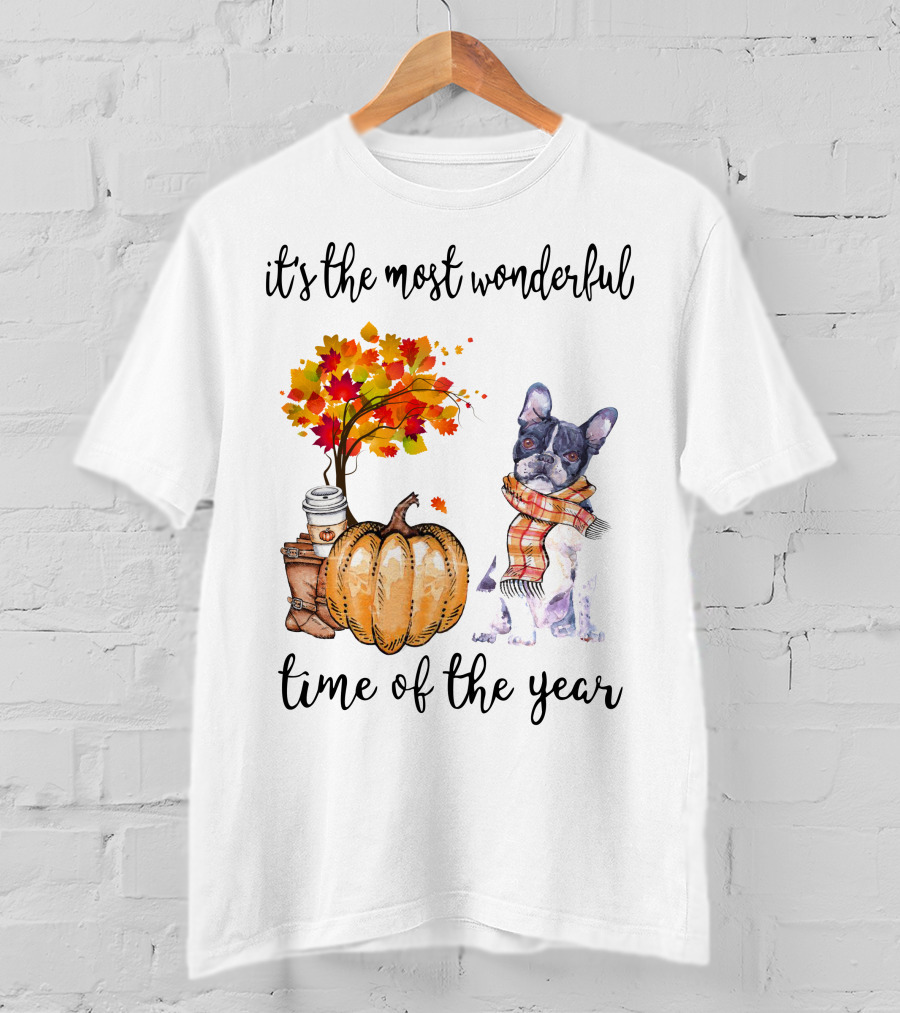 Its The Most Wonderful Time Of The Year Boston Terrier Autumn Pumpkin Leaves Coffee T-Shirt