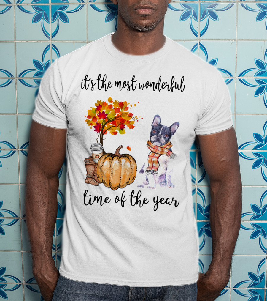 Its The Most Wonderful Time Of The Year Boston Terrier Autumn Pumpkin Leaves Coffee T-Shirt